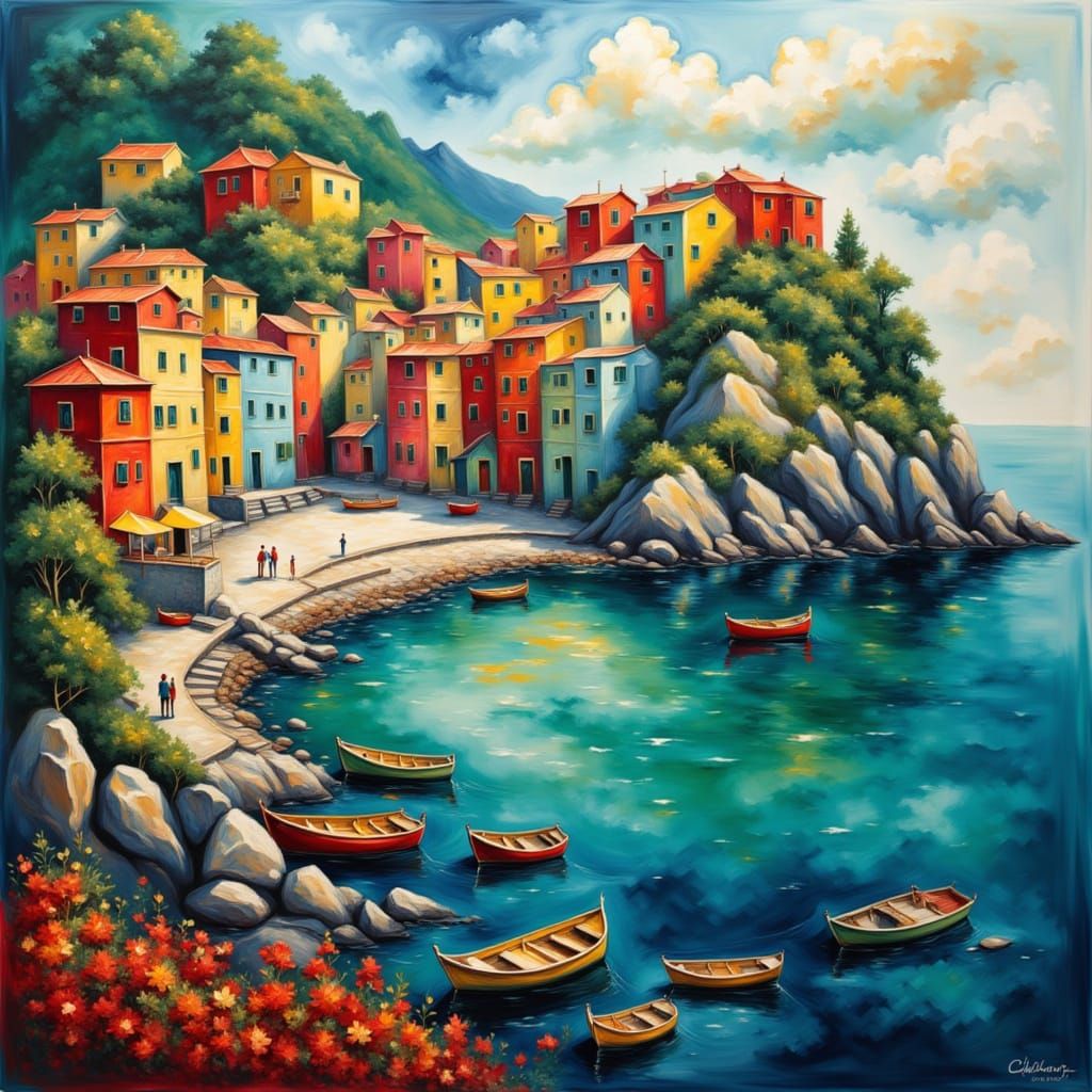 A picturesque coastal village with densely packed houses