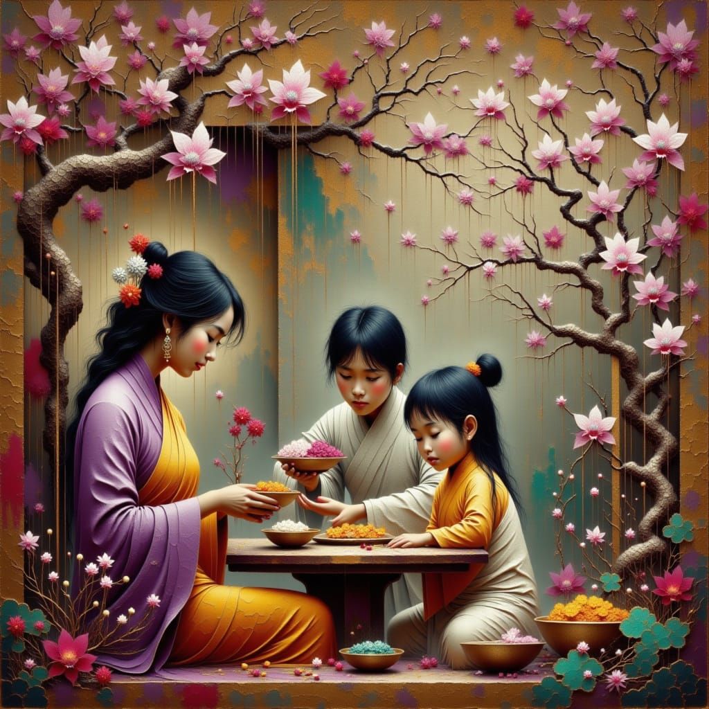 Vietnamese Mother and Children in Lacquer Art Style