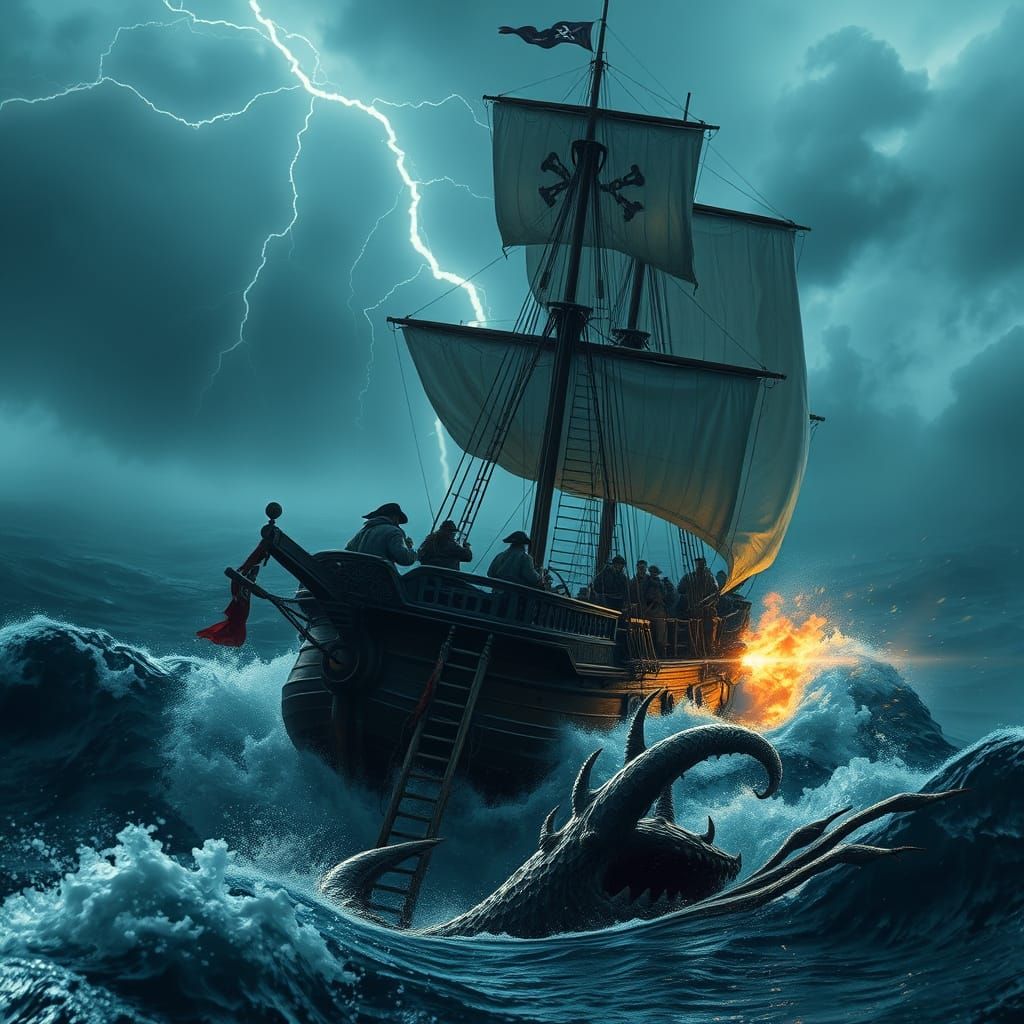 Weathered Pirate Ship Battles Kraken in Turbulent Sea