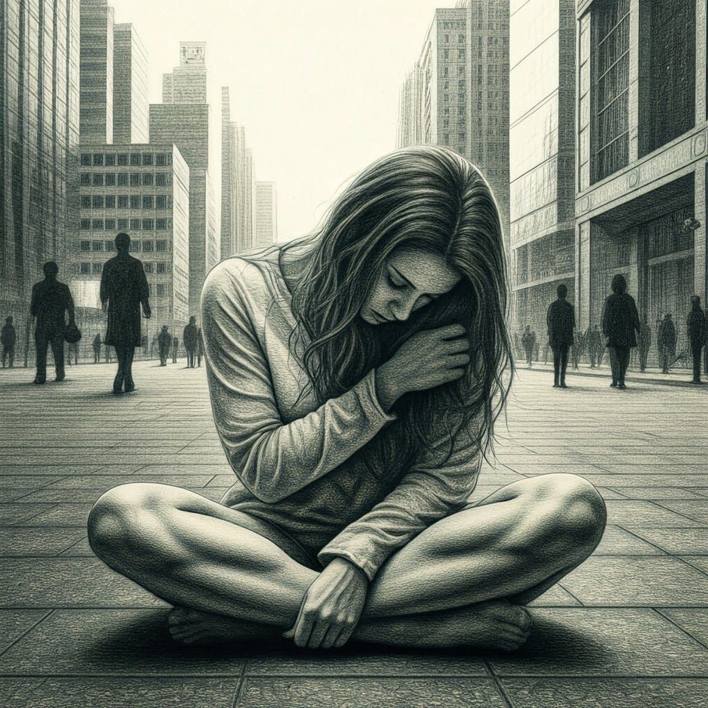 Despairing Woman in Cityscape, Detailed Pencil Drawing