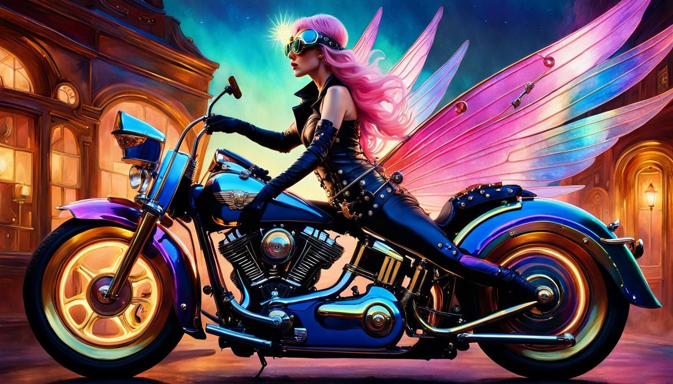 Fairy on Steampunk Motorcycle, Surreal Art