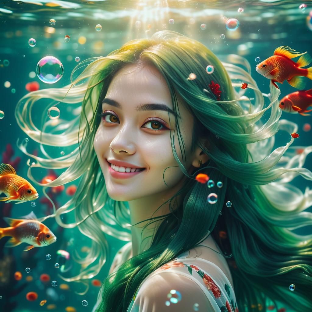 Smiling Woman Underwater Portrait with Exotic Fish