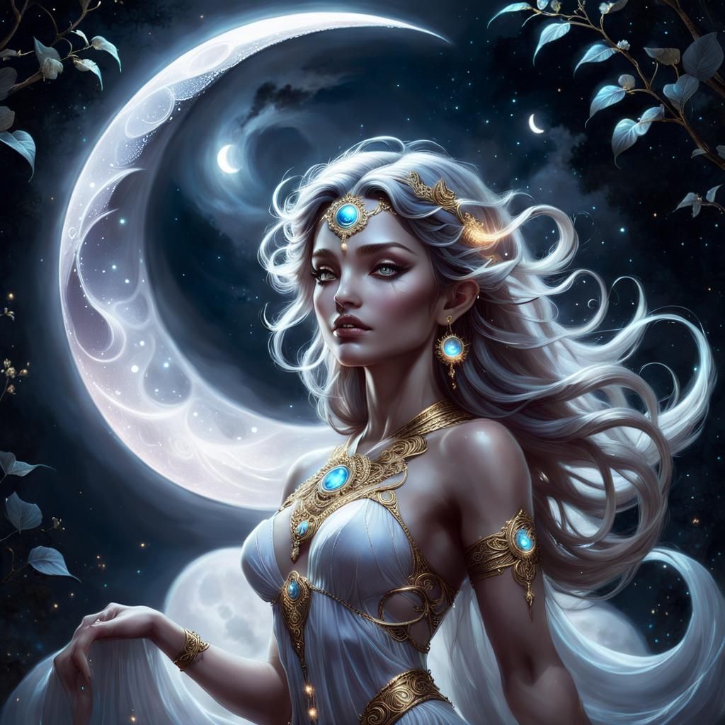 moon god, moon deity, ethereal, fantasy, mystical, intricate details, divine glow, goddess, celestial, magical, moonligh...