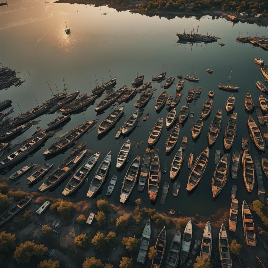 Apocalyptic Harbor with Zombie Boats at Sunset