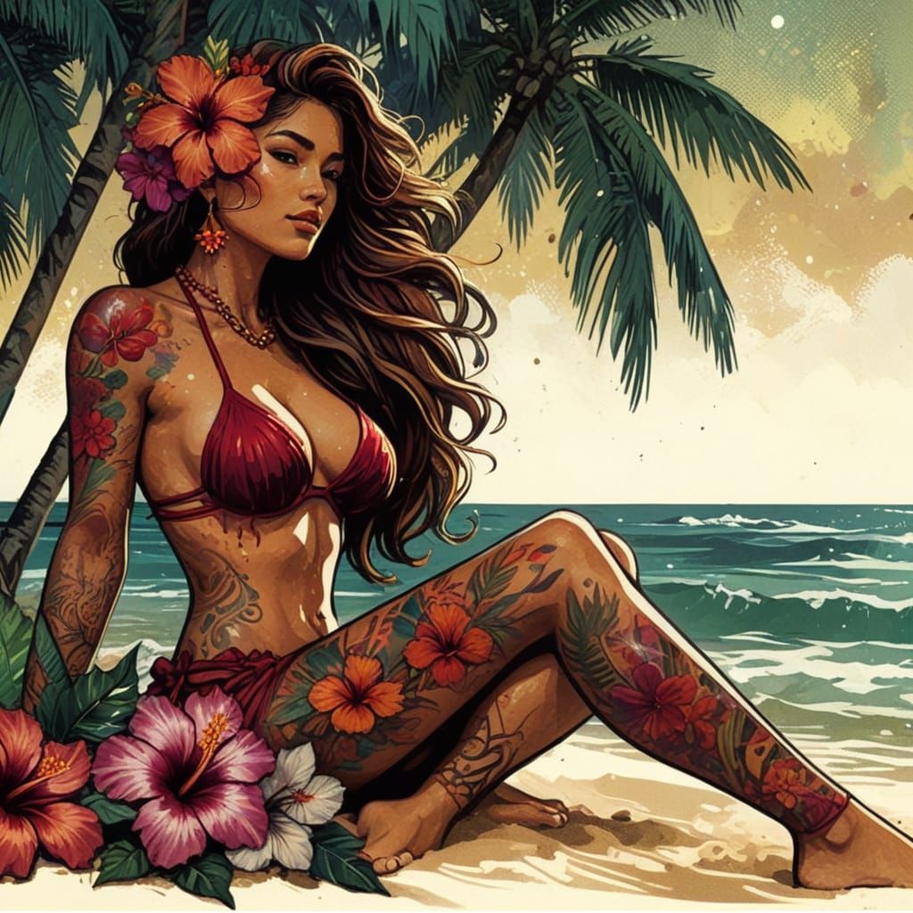 Vibrant Fantasy Hula Dancer on Tropical Beach