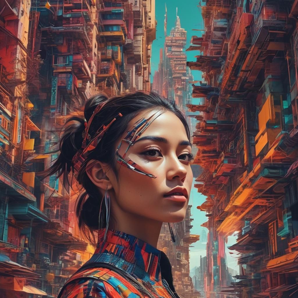 Surreal Woman Merges with Cyberpunk Landscape in Mixed Media