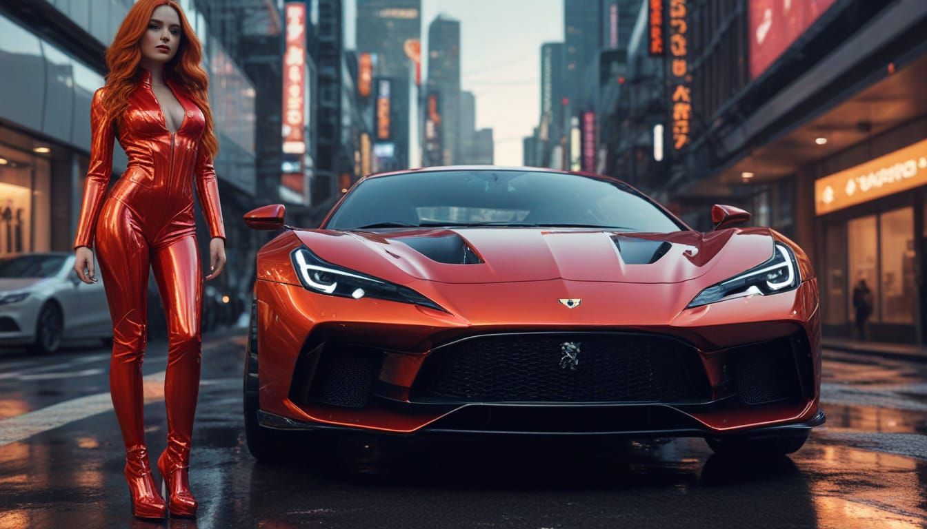 25 year old woman with very long red hair and in latex full ...