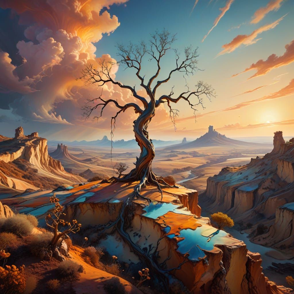 Ethereal Figure on Cliff's Edge in Dreamlike Landscape