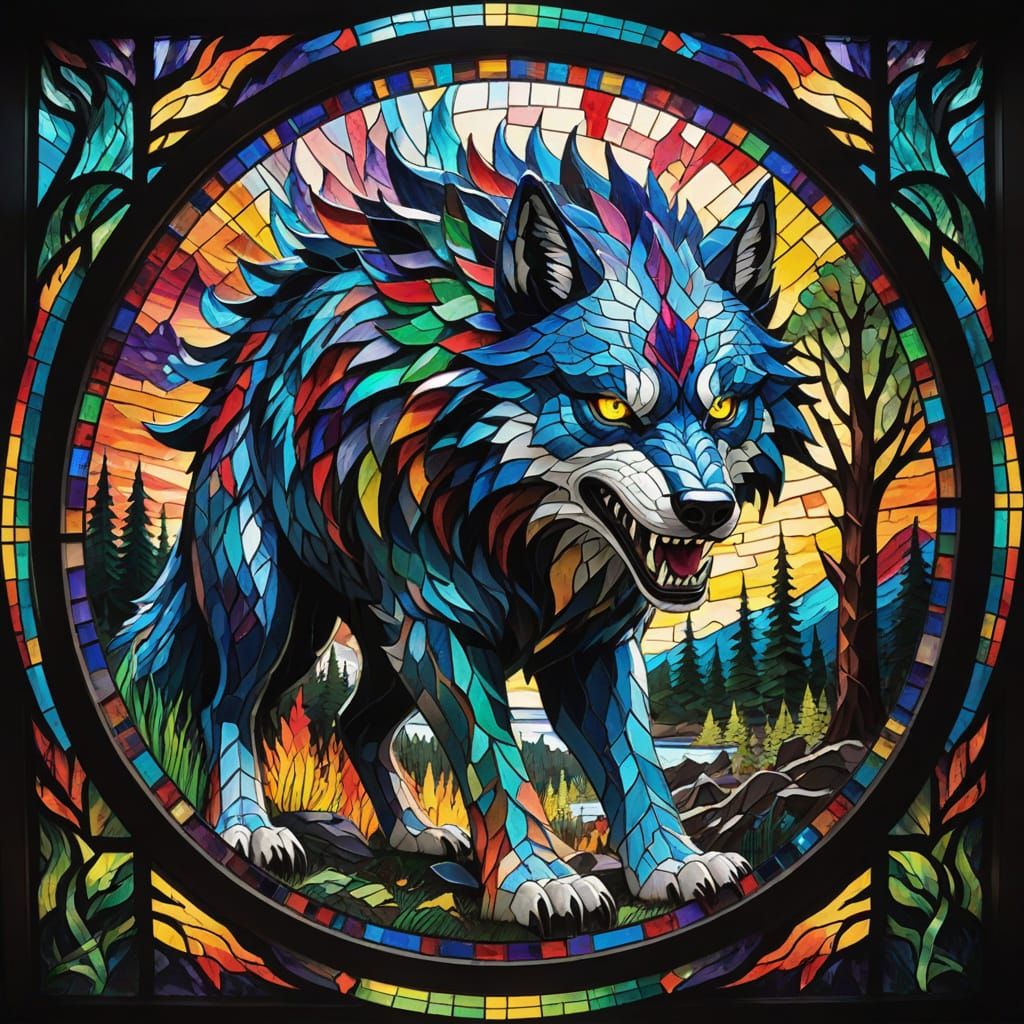 Vibrant Stained Glass Mosaic of Rainbow Beast