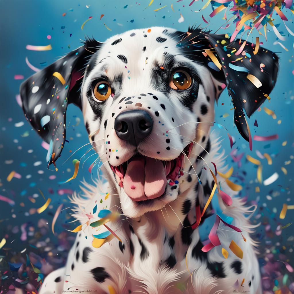Confetti Dalmatian Puppy in Hyperrealistic Splash Art