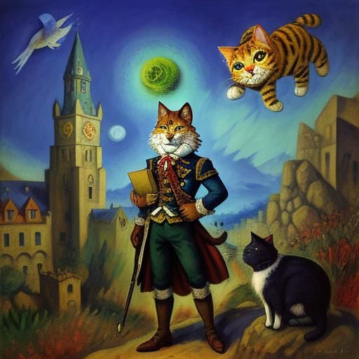 Brave Cat Explorer in Chagall and Gainsborough Style