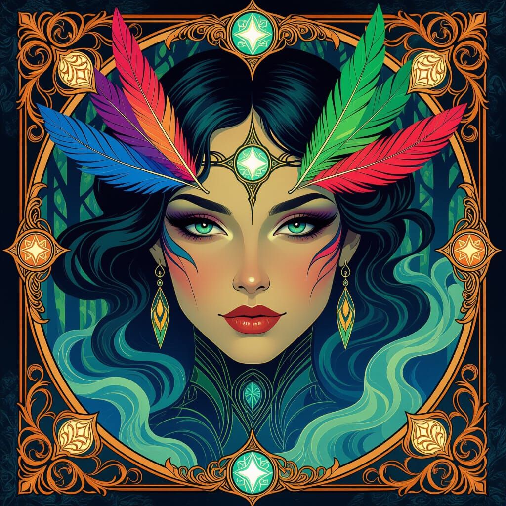 Art Deco She-Robot Face in Mystic Forest Mist