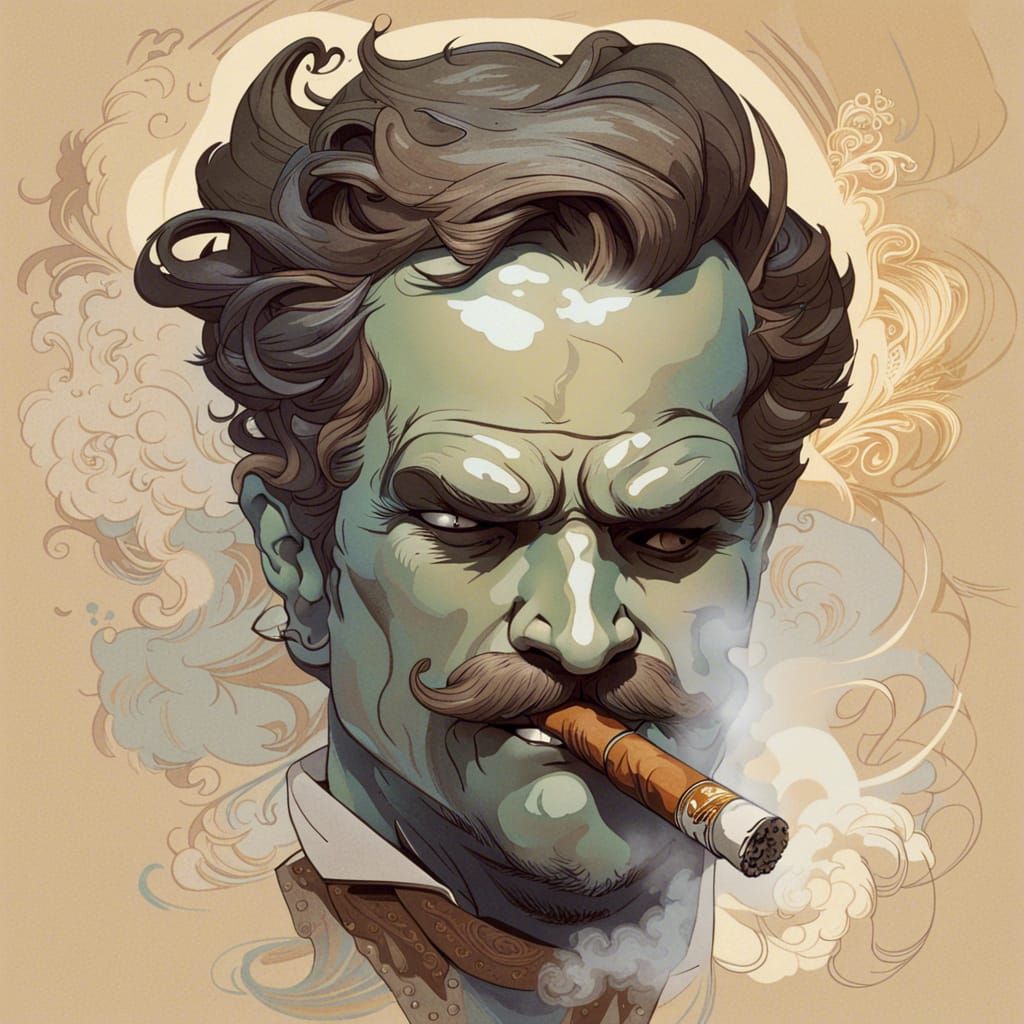 Intricate Portrait of Businessman Smoking Cigar in Art Nouve...