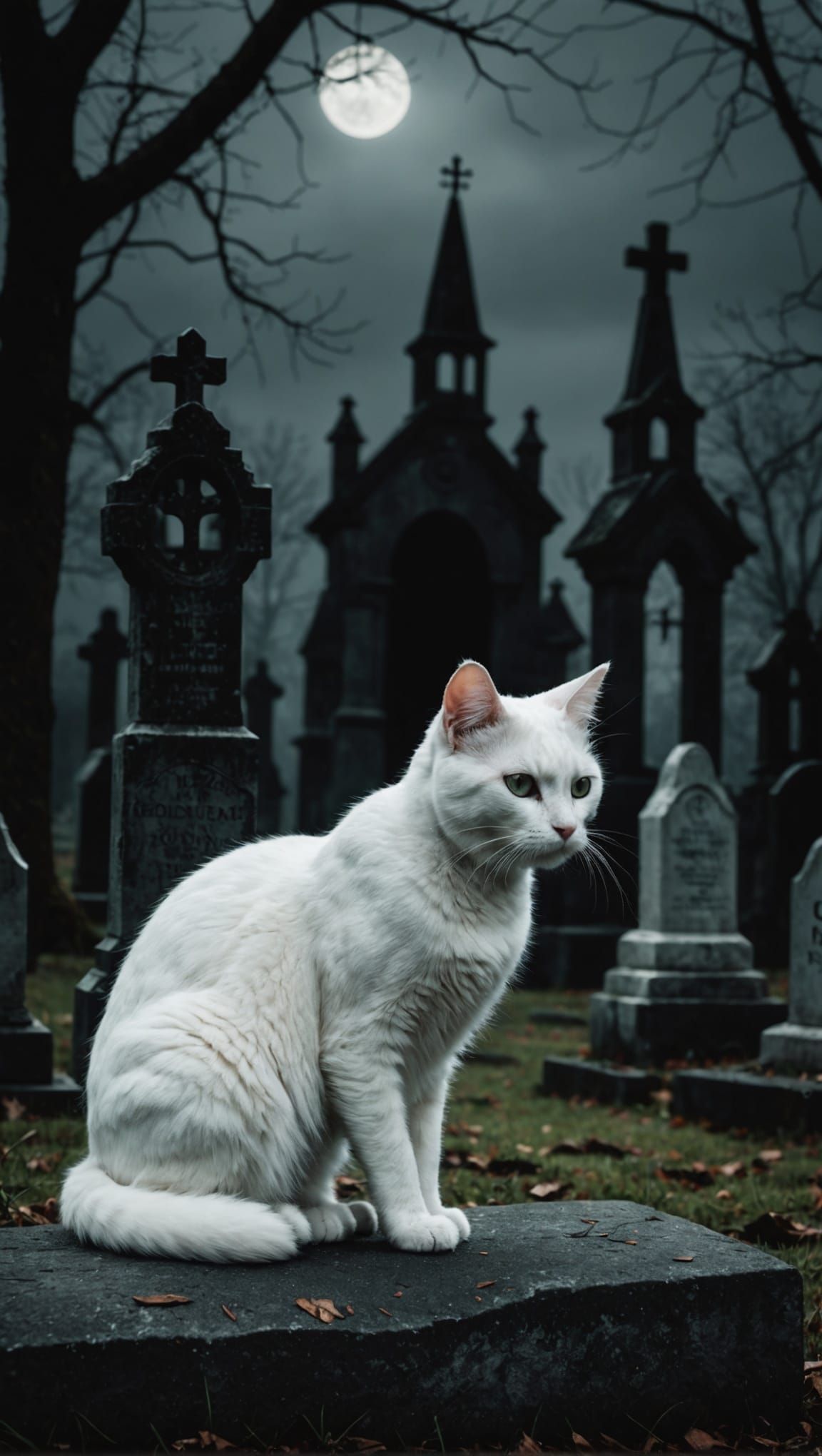 White Cat in a Dark Graveyard Digital Art