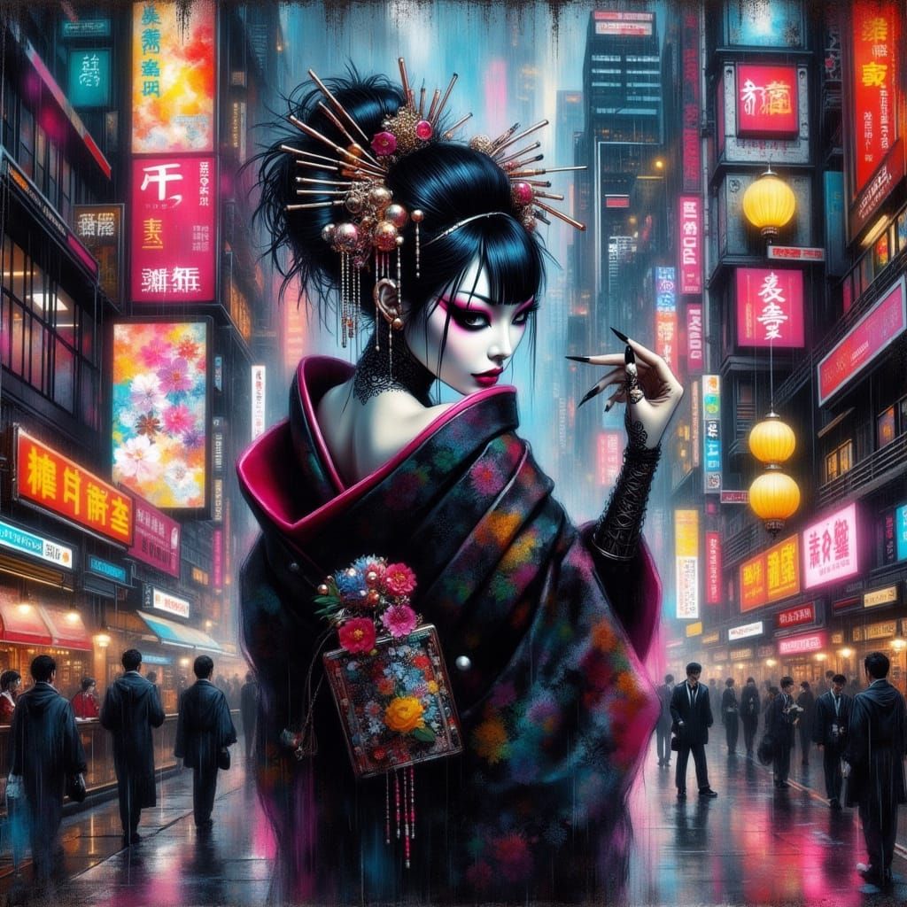 Cyberpunk Geisha in Neon Cityscape