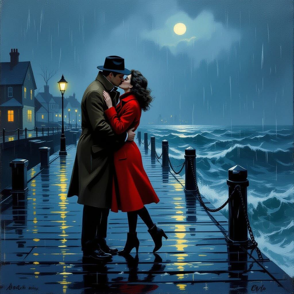 Passionate Kiss on Rainy Dock in Moody Seaside Village