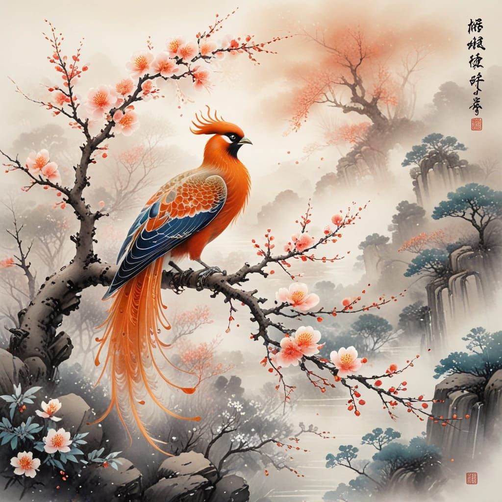 Phoenix and Plum Blossoms in Ink Wash Style