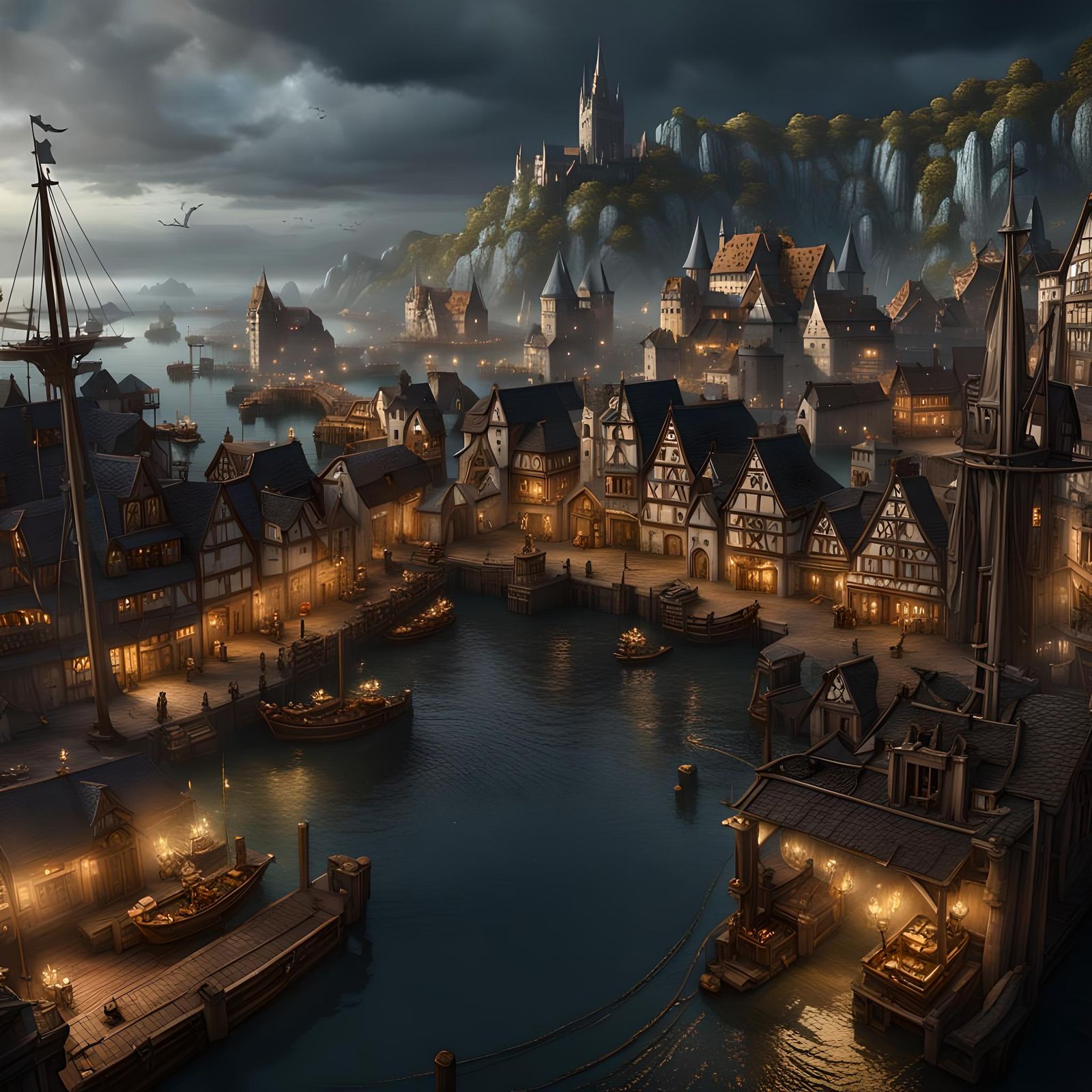 Dark Fantasy Medieval Port City in German Style