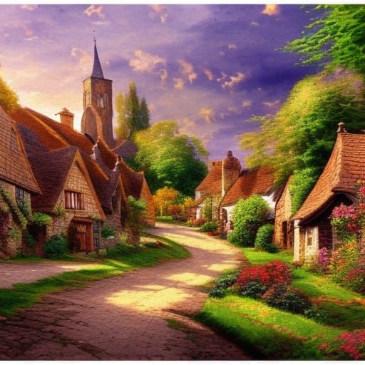 Medieval English Village in Watercolor Style