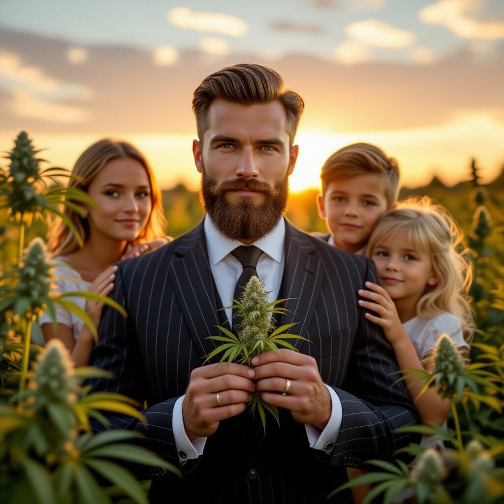 Confident Man with Family in Cannabis Field