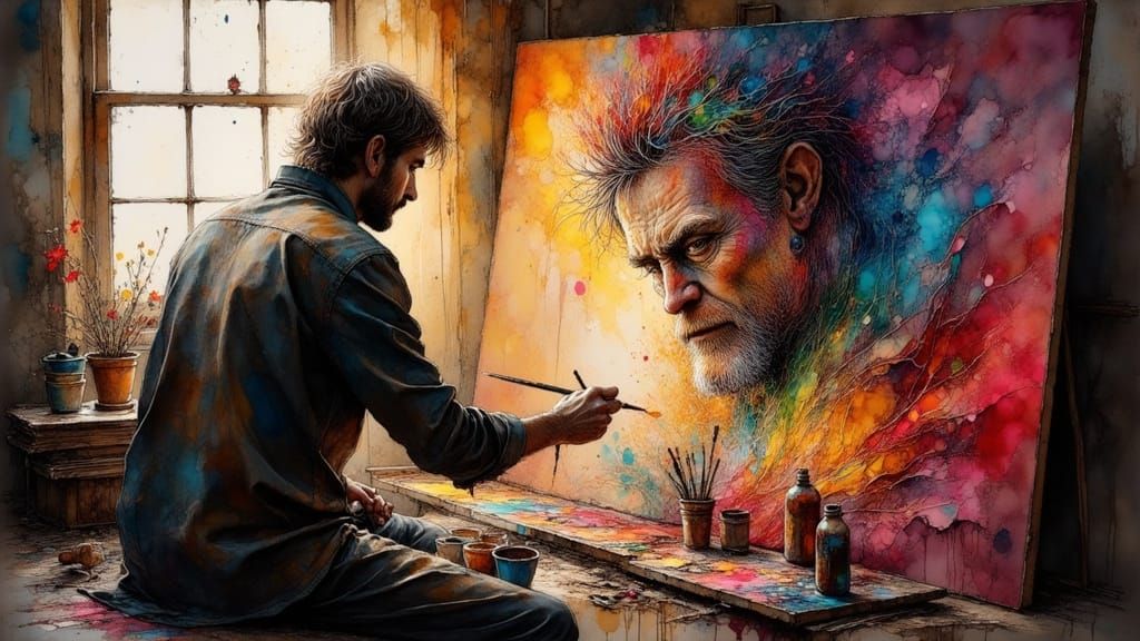 Artist Painting with Vibrant Oils and Dramatic Lighting
