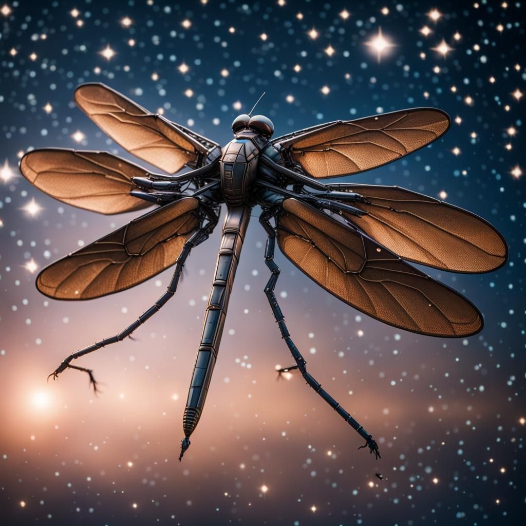 Futuristic Dragonfly Spaceship Against Starry Sky