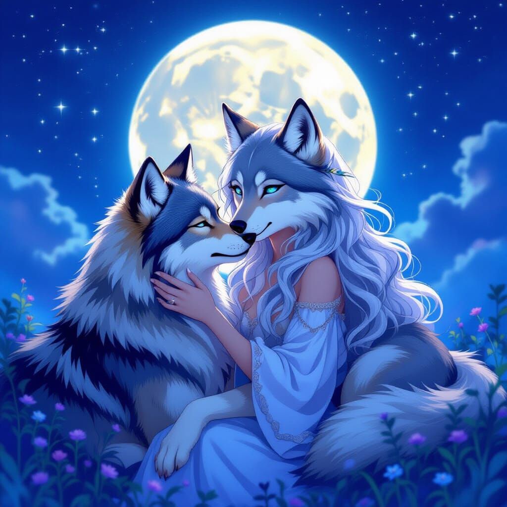 Anthropomorphic Wolf Couple Under Starry Sky