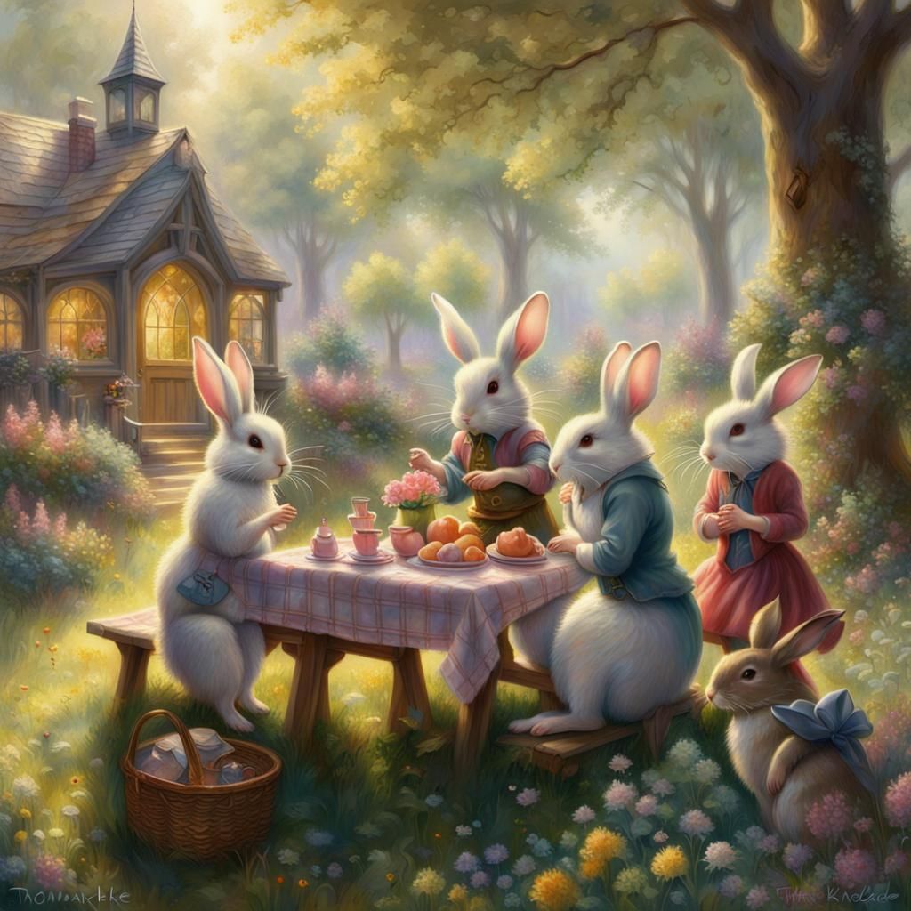 Rabbit Picnic in Sunny Spring Garden, Ethereal Fantasy