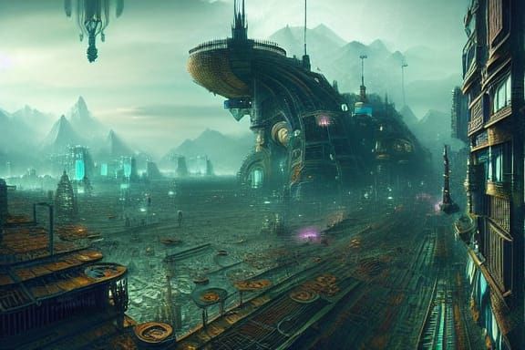 Aetherpunk Solar Punk Cityscape in Digital Matte Painting