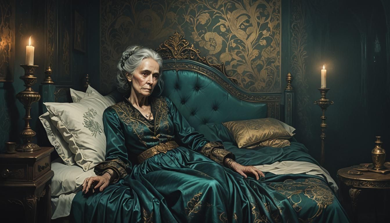 Muted Gothic Concept Art: Ill Woman in Dim Room