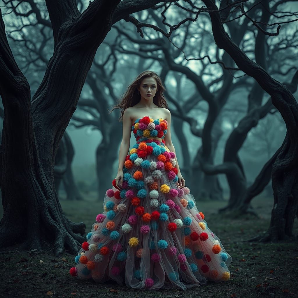 Woman in Pom-Pom Dress in Pisa, Dark Mystical Style
