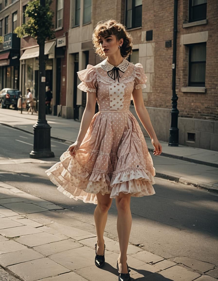 Crossdressing Teen in Polka Dot Dress: Cinematic Still