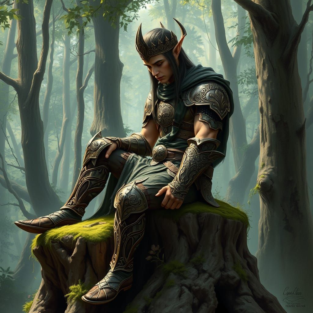 Elven Warrior Contemplation in Lush Forest