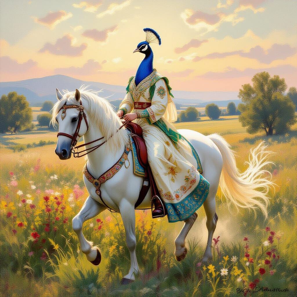 Peacock Rides Horse in Pastoral Landscape, Impressionist Sty...