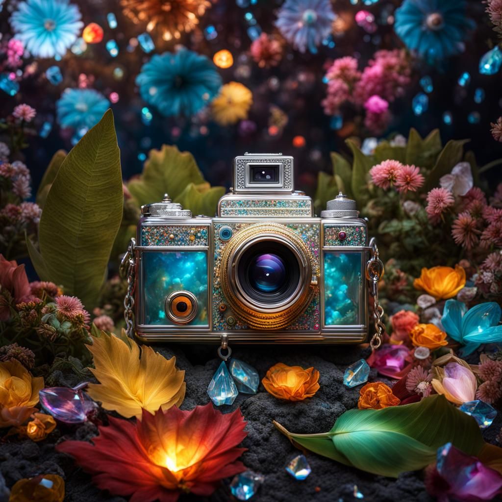 Bioluminescent Camera with Crystals in Fantasy Garden