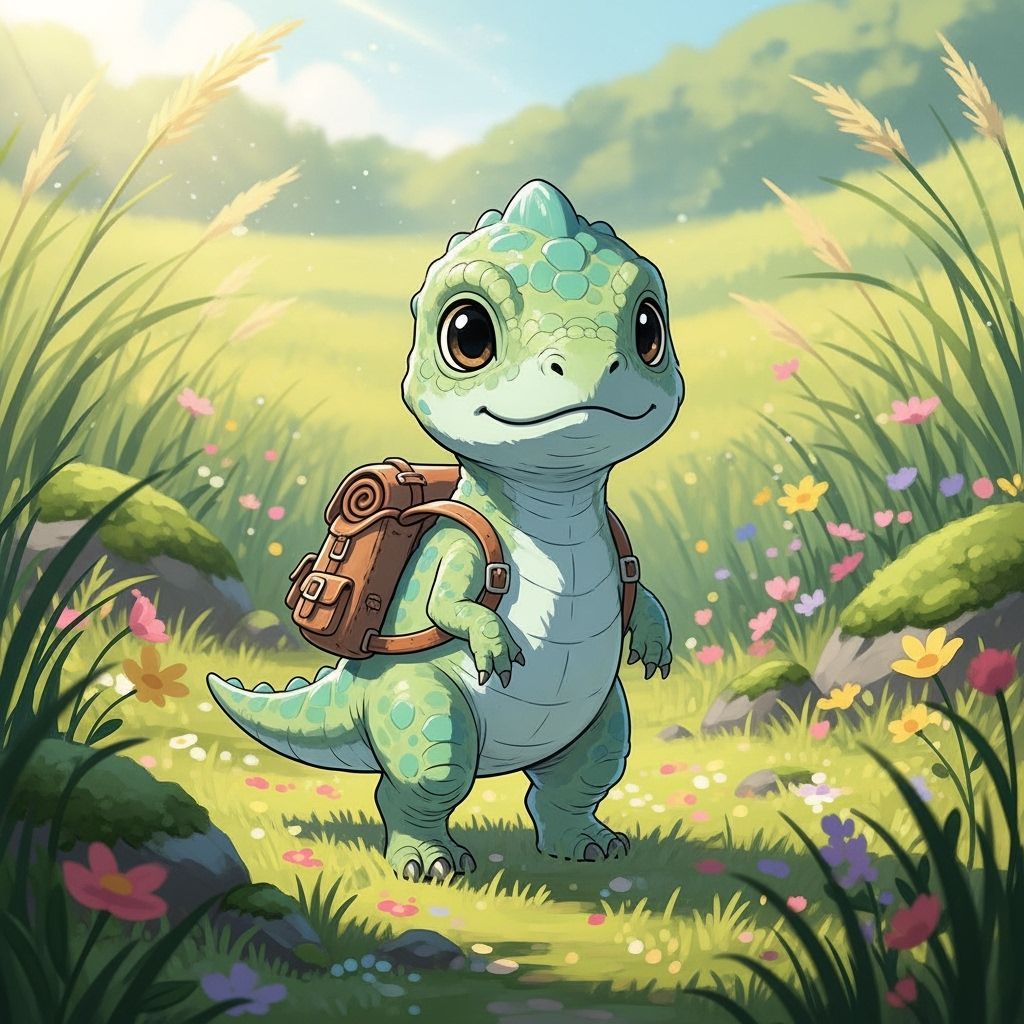 Adorable Dinosaur in Sunny Meadow, Whimsical Illustration