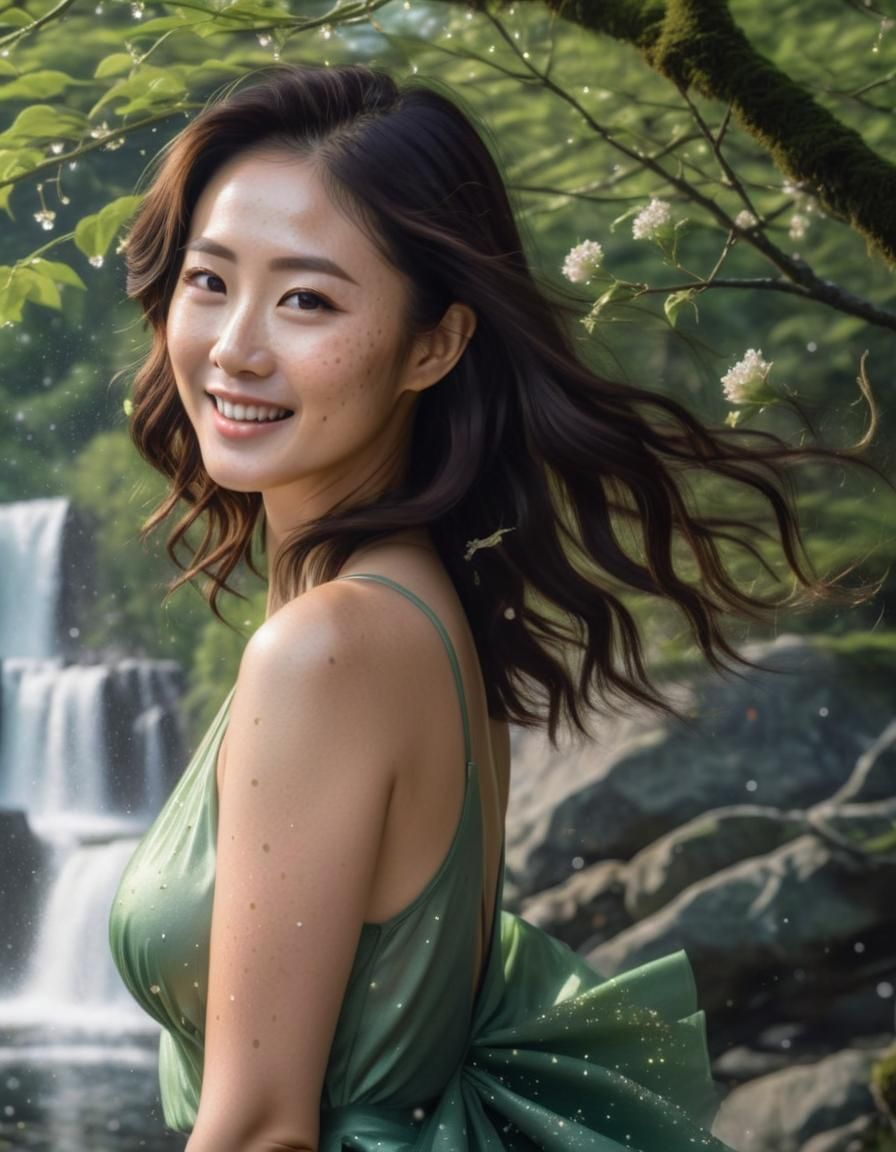 Korean Woman Dancing Under Waterfall: Surreal Oil Painting