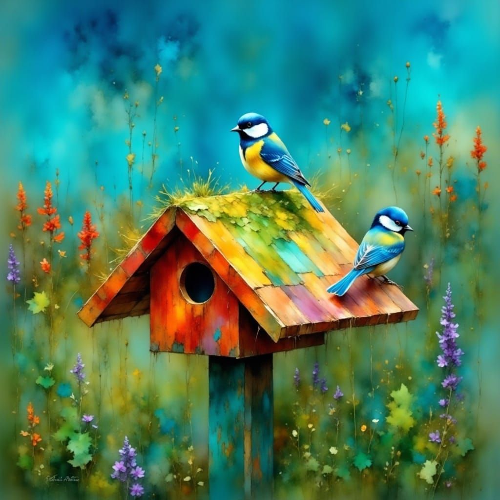 Whimsical Australian Oil Painting of a Chickadee in a Bloomi...