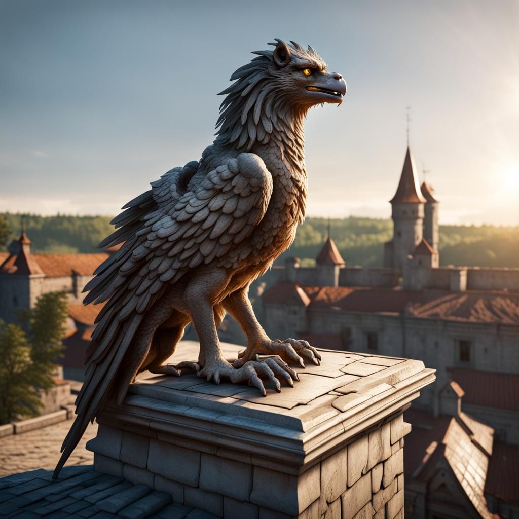 Griffin Perched on Castle Roof in Apocalyptic Landscape