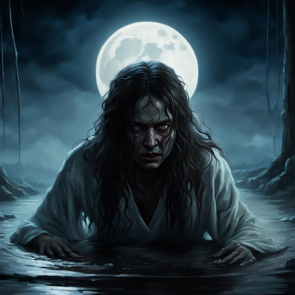 Horror Film Scene: Ghostly Figure Emerges from Well