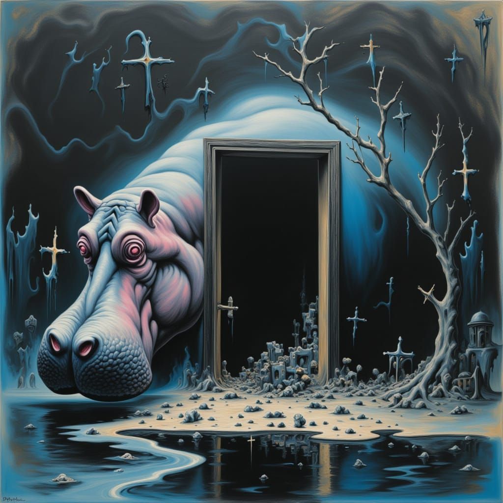 Door in Hippopotamus River Scene, Cartoon Realism Style