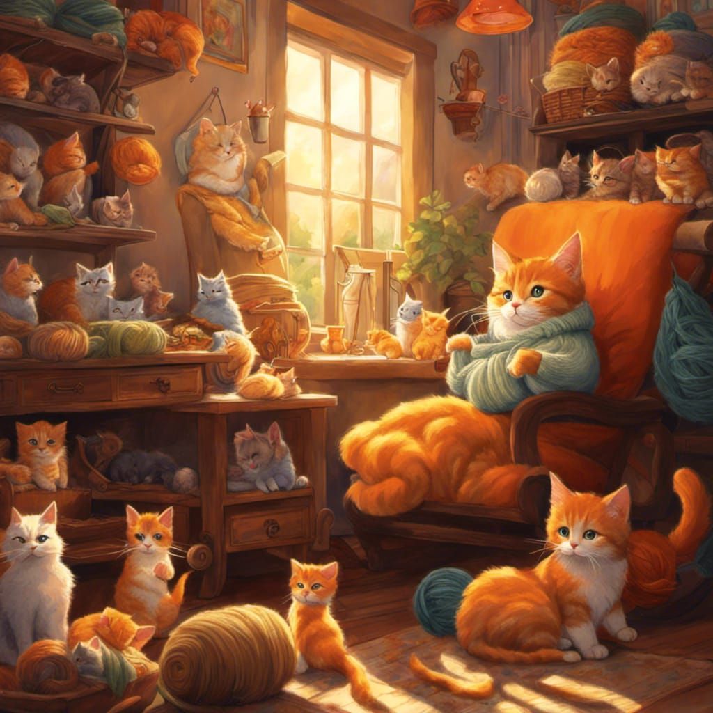 orange cat grandma knitting a sweater for kittens, surrounde...