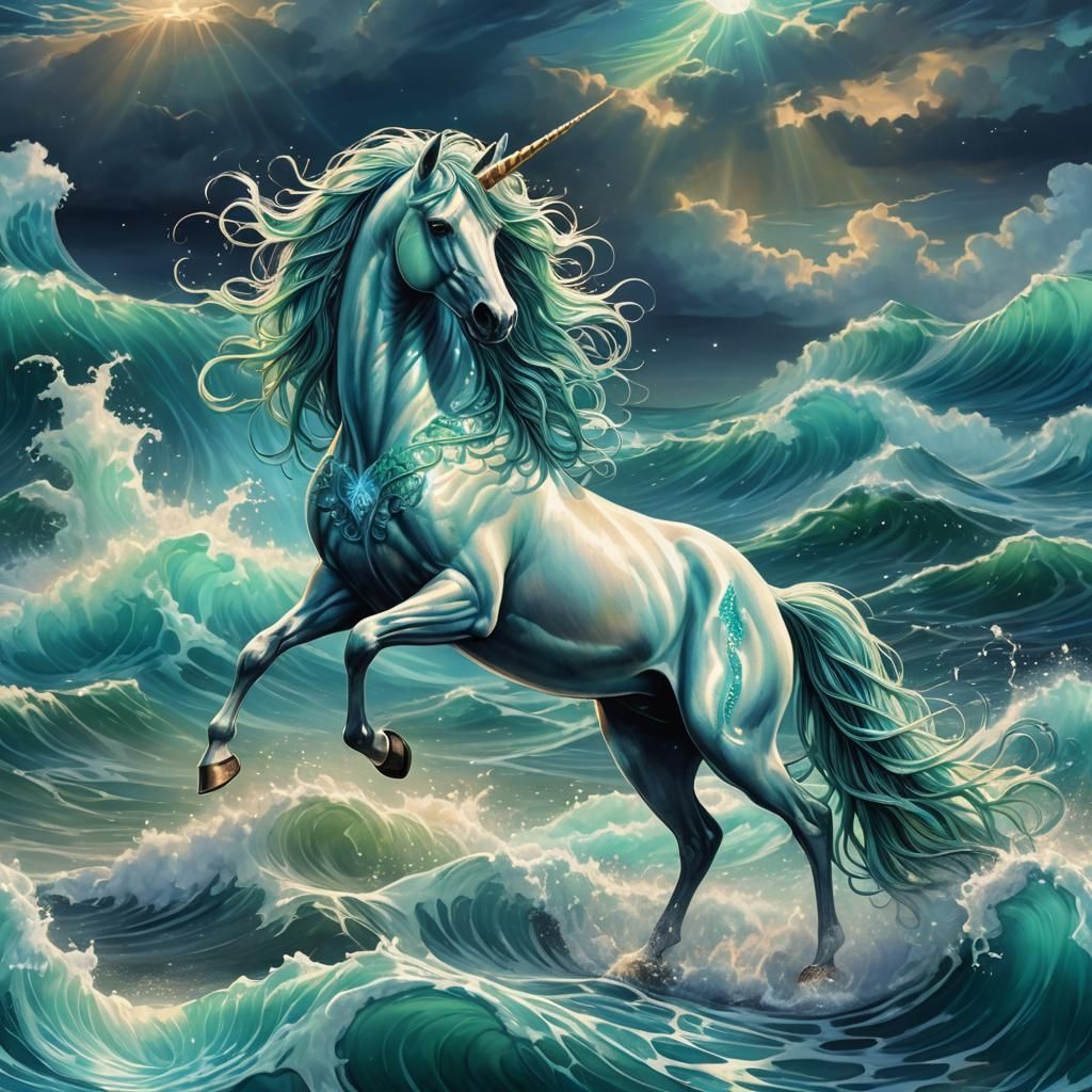 Bioluminescent Wave Unicorn in Fantasy Art Style