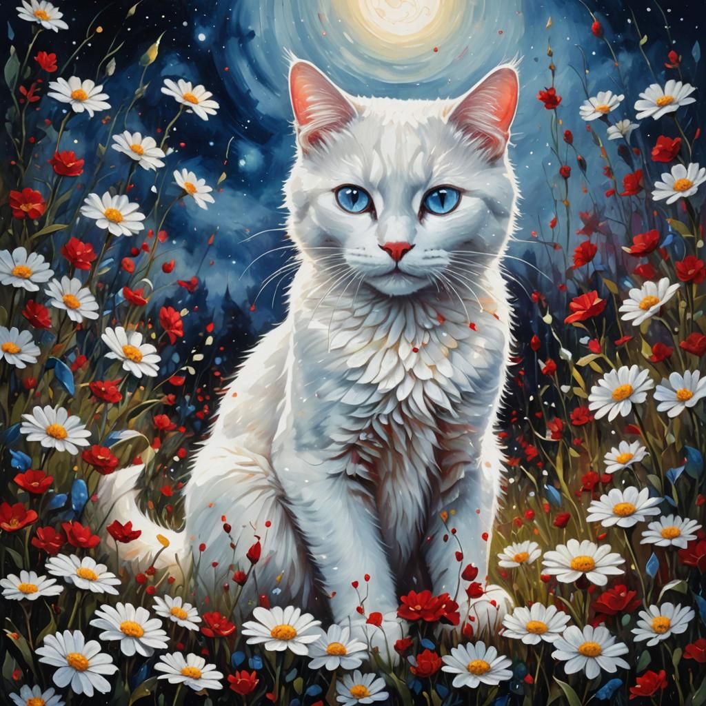 Majestic White Cat in Moonlight, Art Nouveau Style
