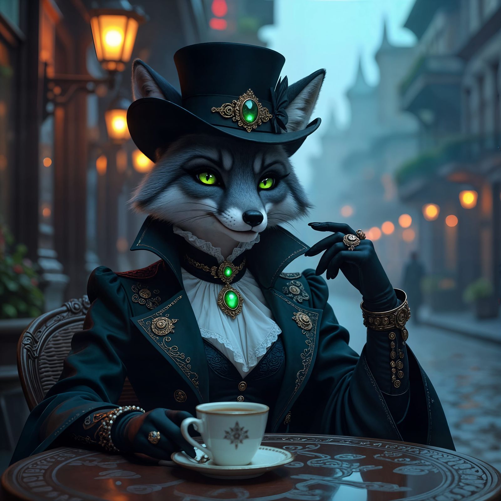 Steampunk Fox as Irene Adler Sipping Coffee