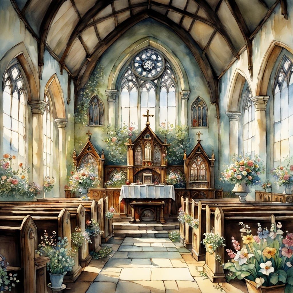 Charming Seaside Church in Watercolour Illustration Style