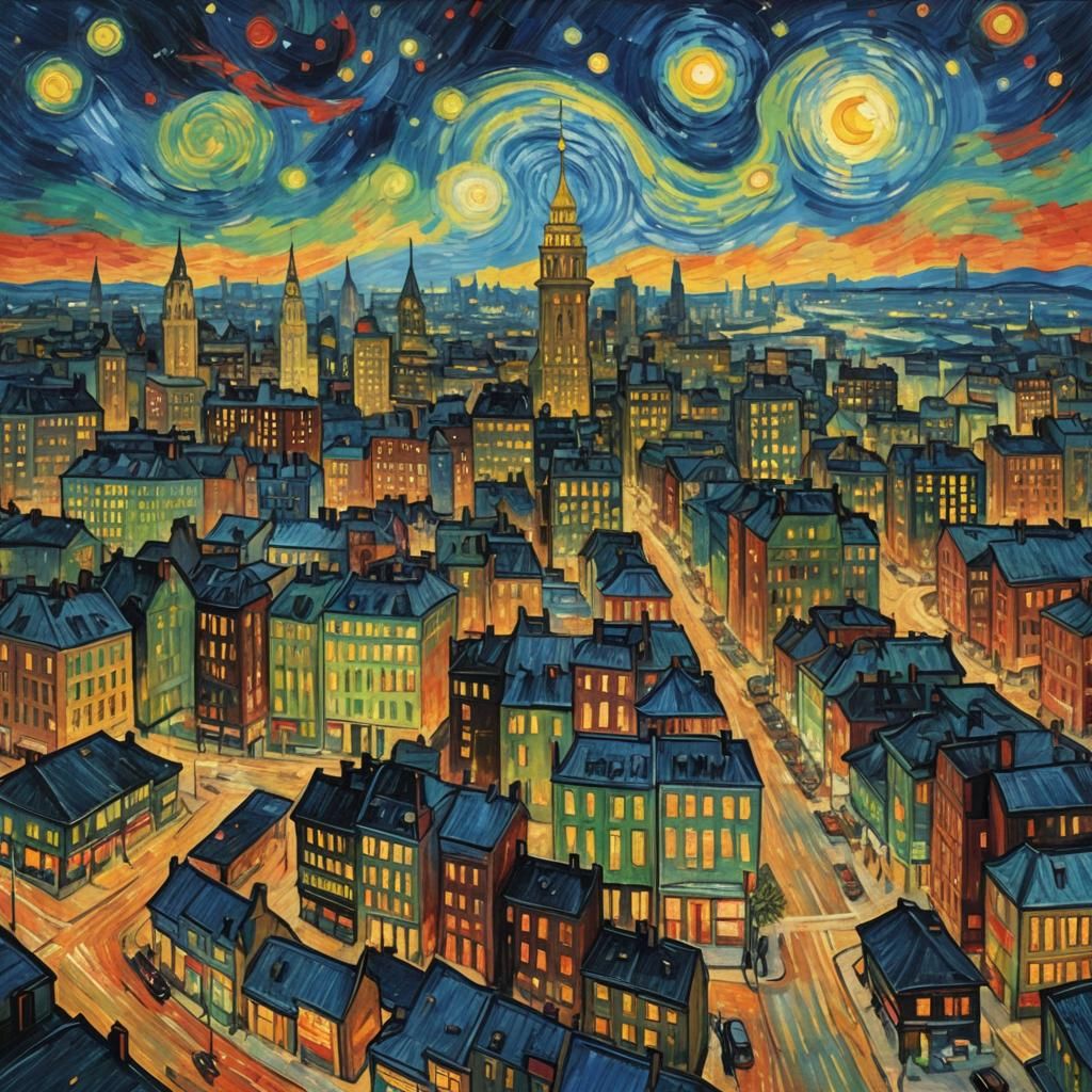 Bright City Lights in Post-Impressionistic Style