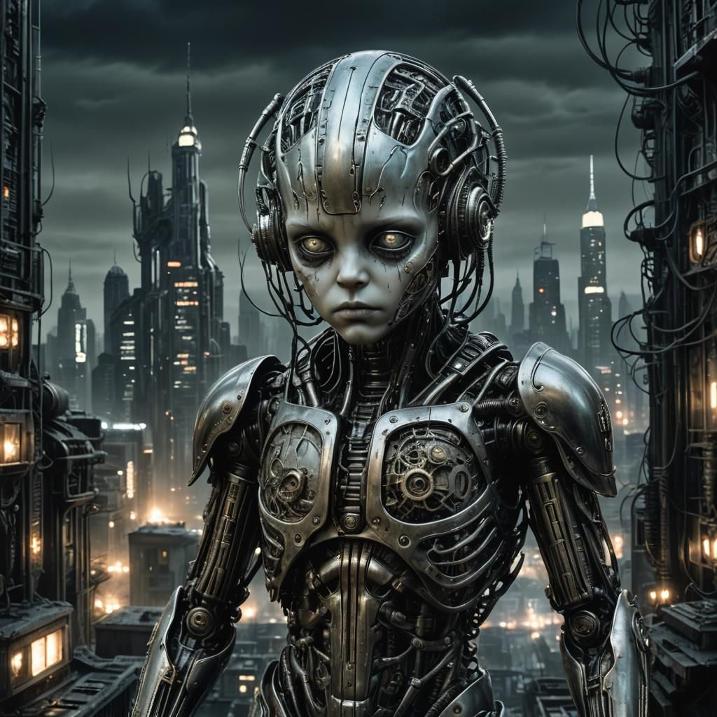 Young cyborg child looking diseased, cold-eyed, controlled, H.R. Giger