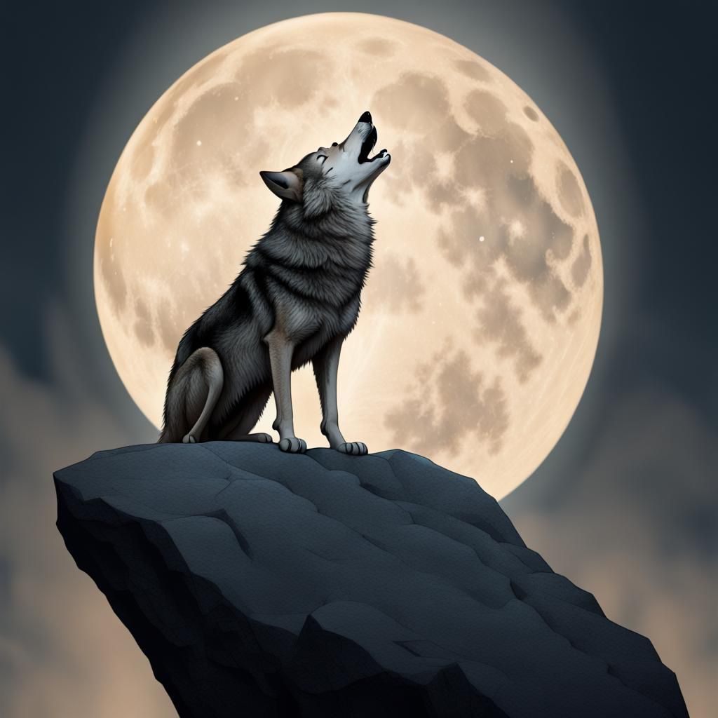 Wolf Howling at Moon on Rocky Ledge