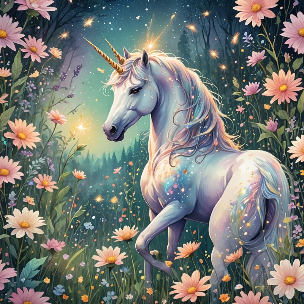 Majestic Unicorn in Dreamy Fantasy Meadow